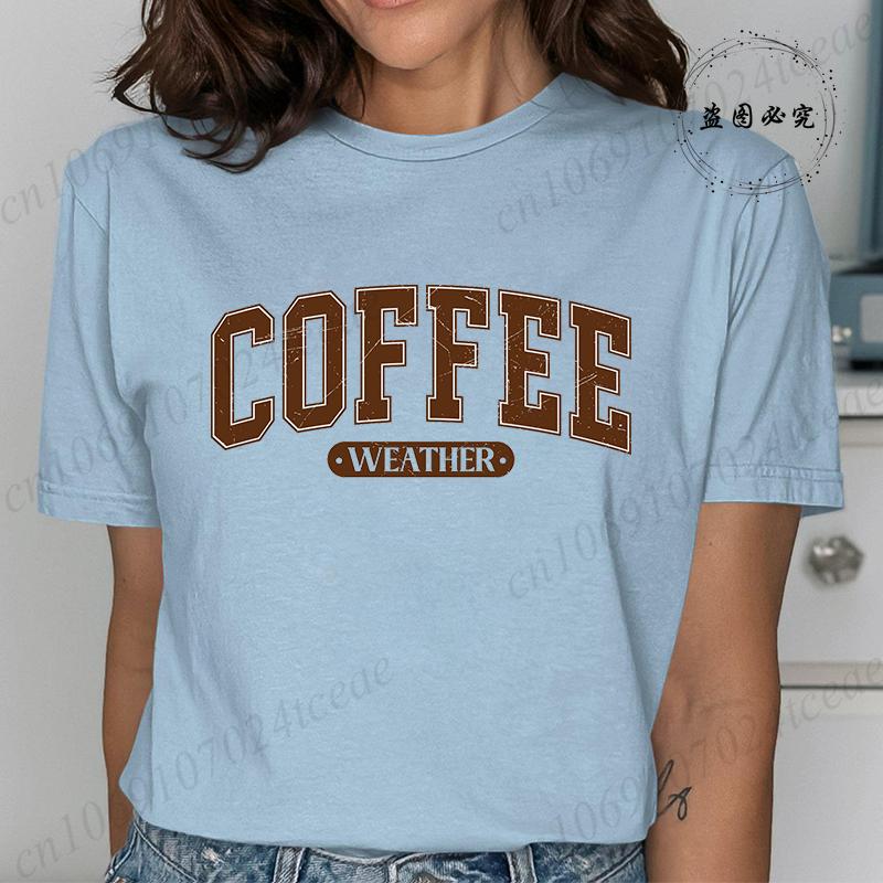 

Coffee Weather Retro Letters Tshirt for Women Short Sleeve Round Neck Loose Large Size Casual Top Oversized TShirts Clothing 4XL