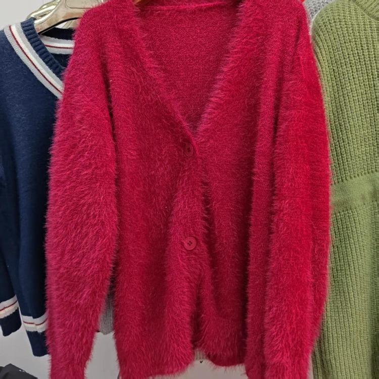 Women Mink Knitted Sweater Solid Color Cardigan Loose V Neck for Autumn Winter
