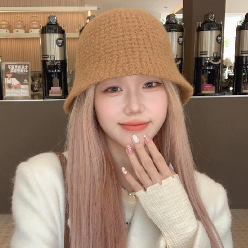Wool Bucket Hat for Women Korean Style Retro Fashion Versatile Waffle Basin Hat Autumn and Winter Warm Knitted Bucket Hat