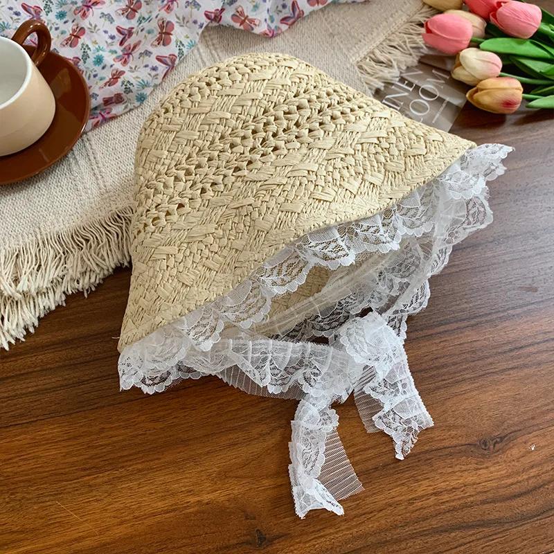 New Korean Simple Lace Big Brim Straw Hat for Women's Summer Outdoor Hollow Breathable Sunshade Seaside Vacation Sun Hats