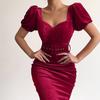 Square Neck Belt Waist Tight Party Dress Solid Color Puff Short Sleeve Holiday Dress Female Clothes