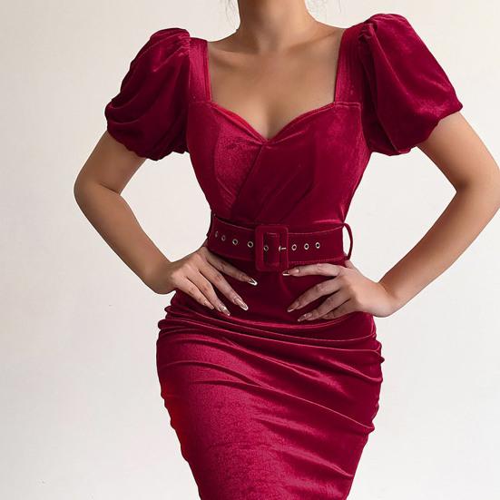 Square Neck Belt Waist Tight Party Dress Solid Color Puff Short Sleeve Holiday Dress Female Clothes