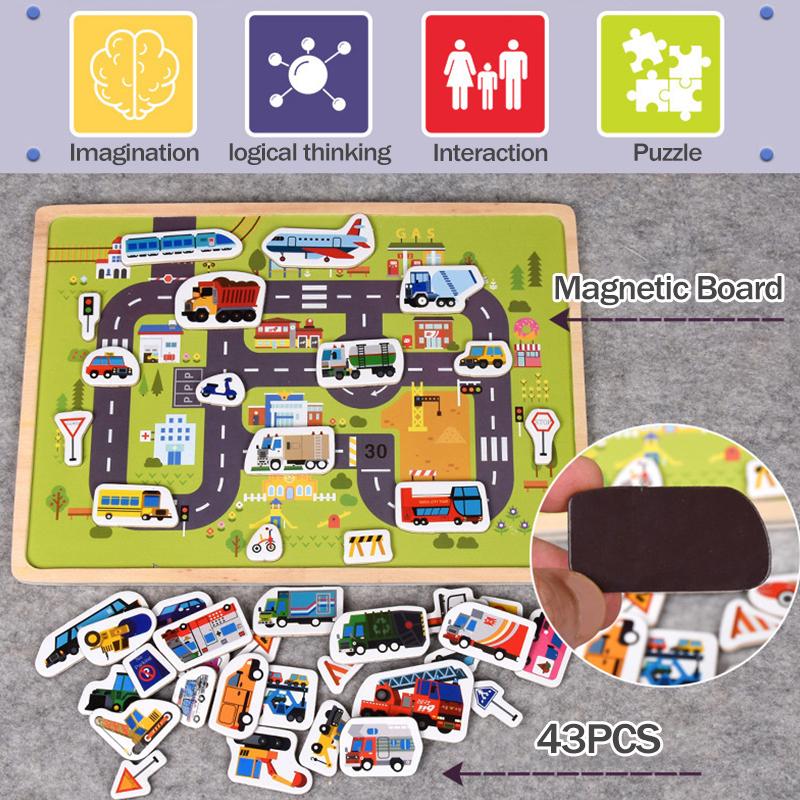 Children Magnetic Puzzle Animal Traffic Vehicle Scenes Game Wooden 3D Jigsaw Toys Baby Kids Early Educational Learning Toy Gifts