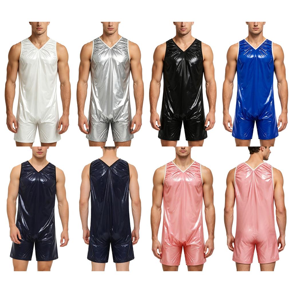 Mens Sissy Nightwear Romper V Neck Sleeveless Openable Crotch Buttons Waterproof Cloth Pajamas Bodysuit