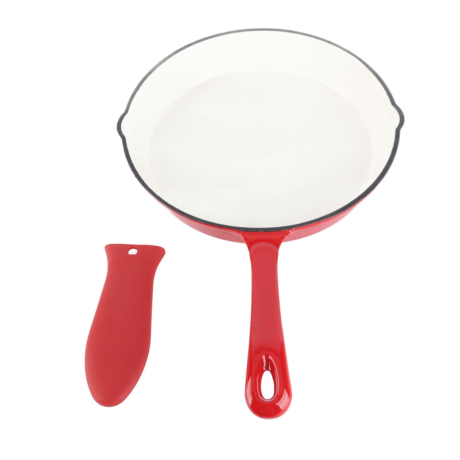 Konnwei Red Enameled Cast Iron Skillet One Piece Long Handle 25Cm Diameter Ergonomic Design Kitchen Frying Skillet For Cooking