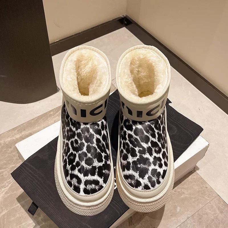 Fashion Leopard Women Fur Snow Boots Ankle Flats Platform Shoes 2025 Winter Short Plush Warm Women Boots Sport Shoes Botas Chelsea Mujer