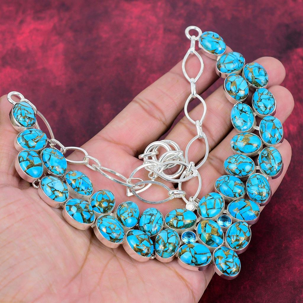 Copper Blue Turquoise Gemstone Jewelry, 925 Solid Sterling Silver Necklace, Adjustable Handmade Chain Necklace Gift For Wife Jewelry