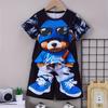Boy'S Two-Piece Casual Outfit with Cute Bear Print Round Neck Short Sleeve Bear Print Relaxing Shorts