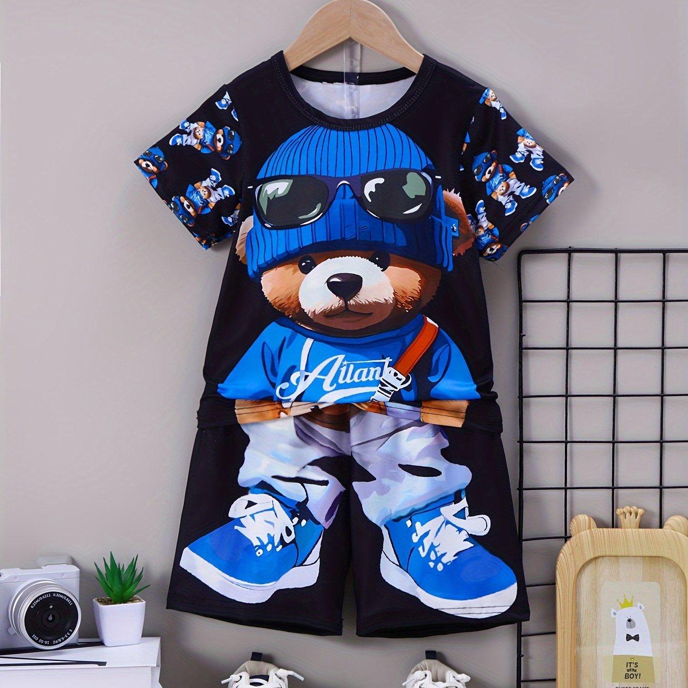 Boy S Two-Piece Casual Outfit with Cute Bear Print Round Neck Short Sleeve Bear Print Relaxing Shorts 5-6Y