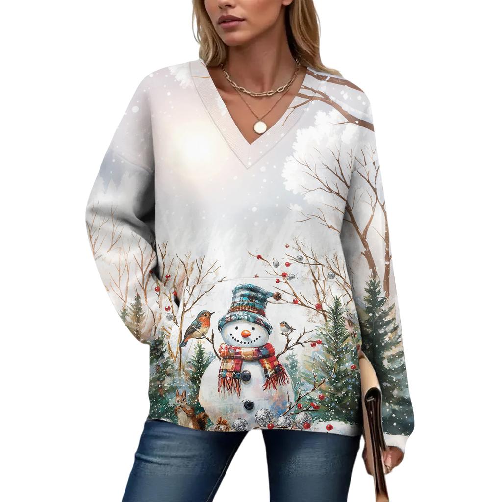 Women's Casual And Fashionable Christmas Print Long-Sleeved Top