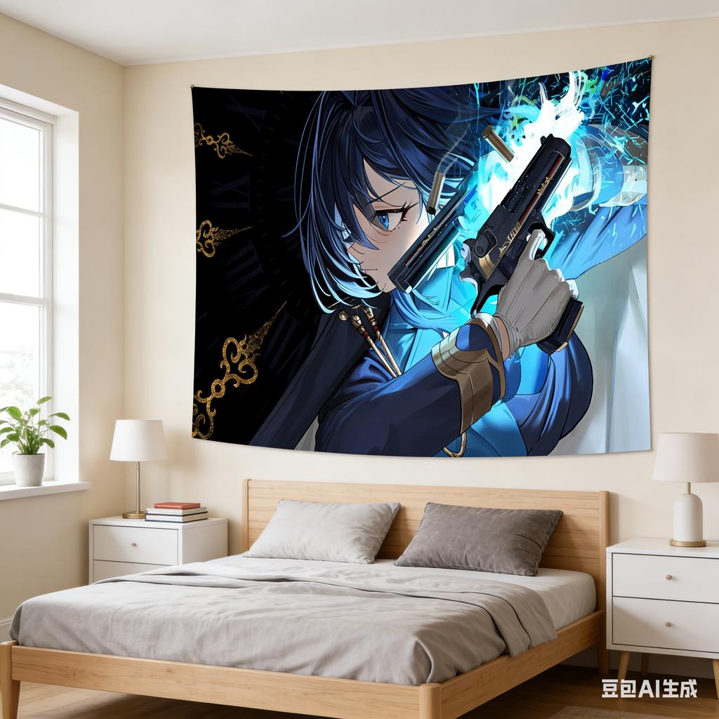 Blue Hair Anime Girl Tapestry Cool Action Character with Gun Print Wall Hanging for Teen Bedroom Game Room Decor