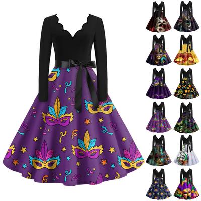 Vestido Largo Vintage Estampado de Manga Larga con Cuello en V de Moda Casual para Mujer