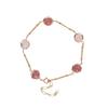 Natural Pink Strawberry Crystal Bracelet, Exquisite 14K Gold Plated Fashion Jewelry, Peach Blossom Beaded Design.