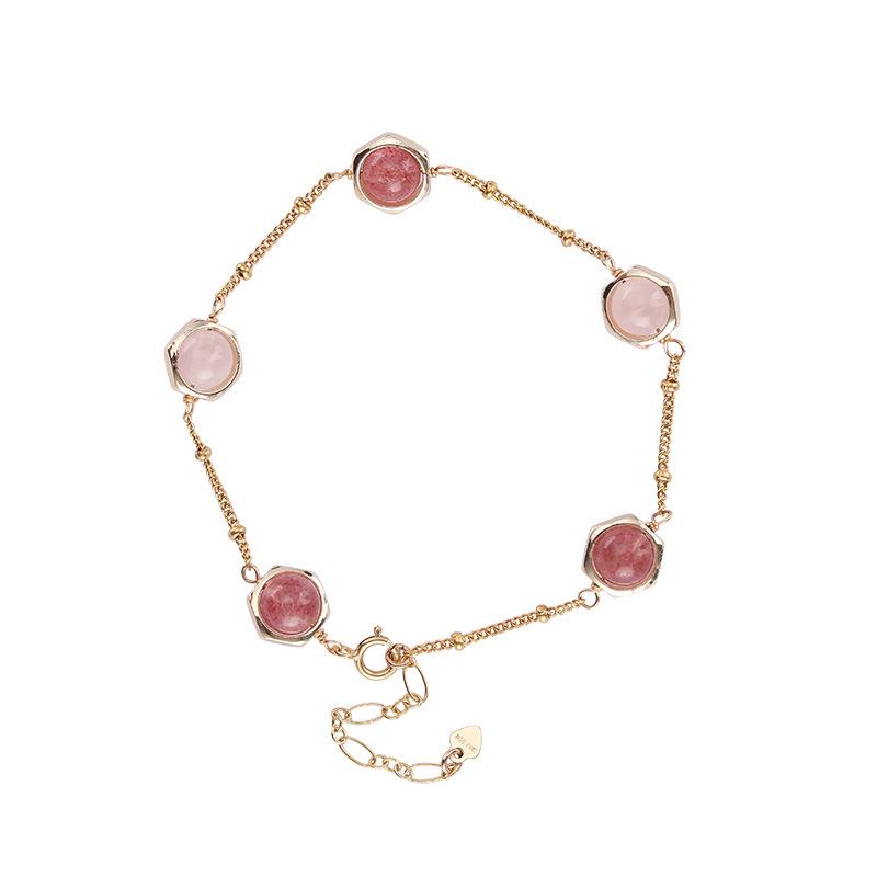 Natural Pink Strawberry Crystal Bracelet, Exquisite 14K Gold Plated Fashion Jewelry, Peach Blossom Beaded Design.