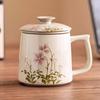 Chinese Style Floral Pattern Tea Filtering and Separation Cup, With Cover White Porcelain Mug, Drinkware Ceramic Office Cup, 1Pc