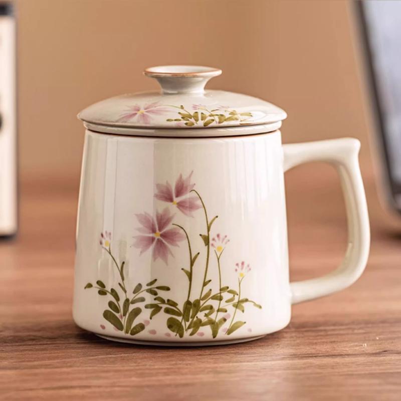 Chinese Style Floral Pattern Tea Filtering and Separation Cup, With Cover White Porcelain Mug, Drinkware Ceramic Office Cup, 1Pc