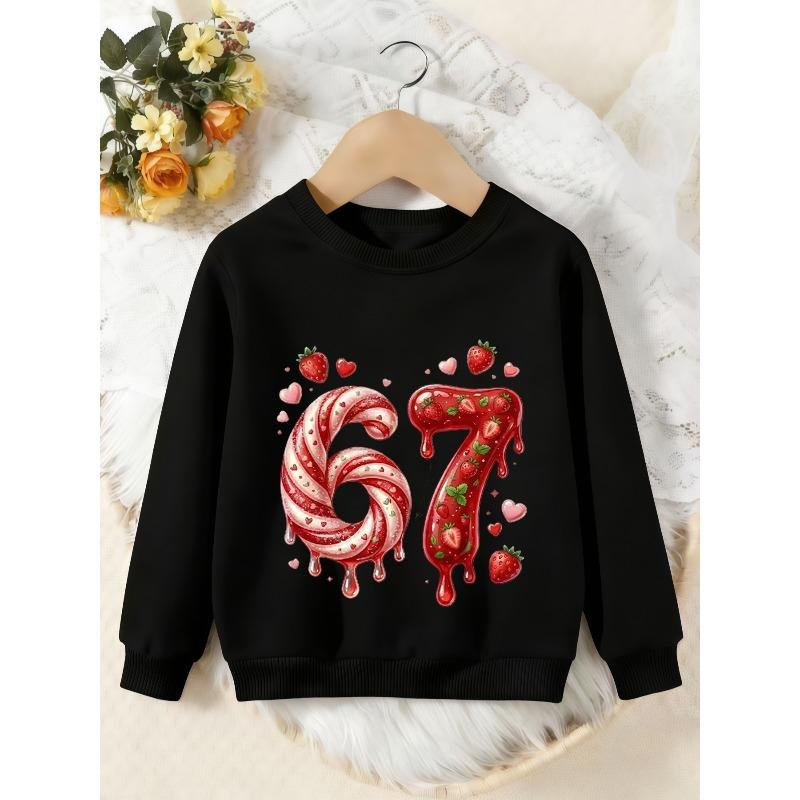 Unisex Kids Crewneck Sweatshirt, Candy Strawberry Number 67 Heart Print Pullover, Boys Girls Cute Birthday Sweatshirt For Kids Over 4 Years Old