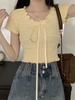 Women's V Neck Short Sleeve Crop Top Slim Fit Sweet Style Ruffle Drawstring T Shirt