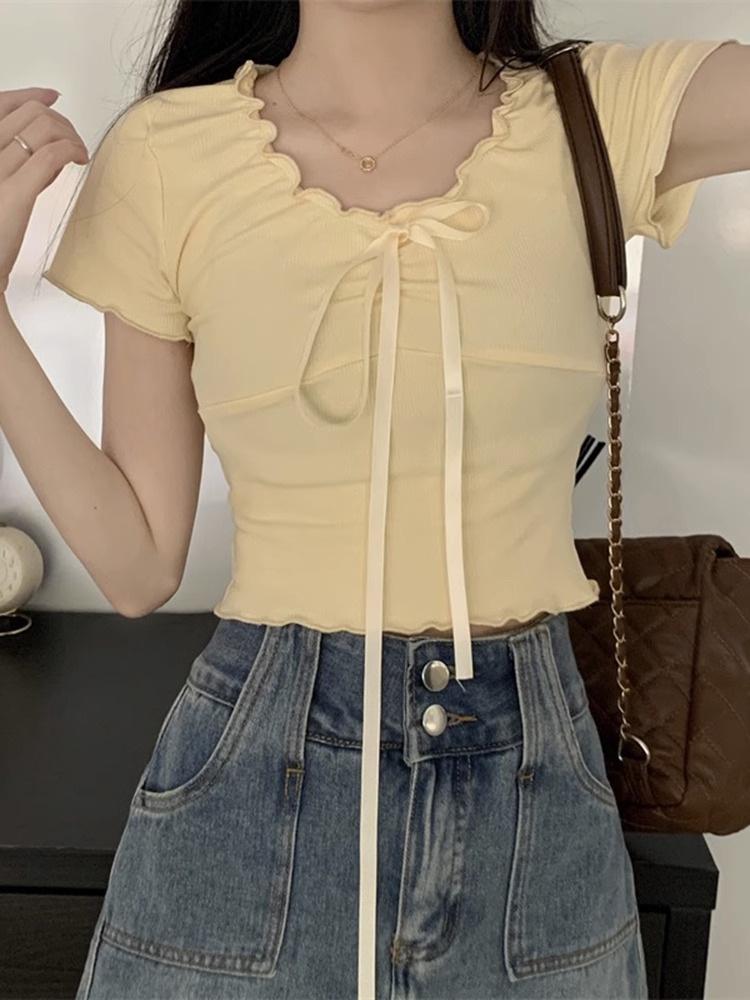 Women's V Neck Short Sleeve Crop Top Slim Fit Sweet Style Ruffle Drawstring T Shirt