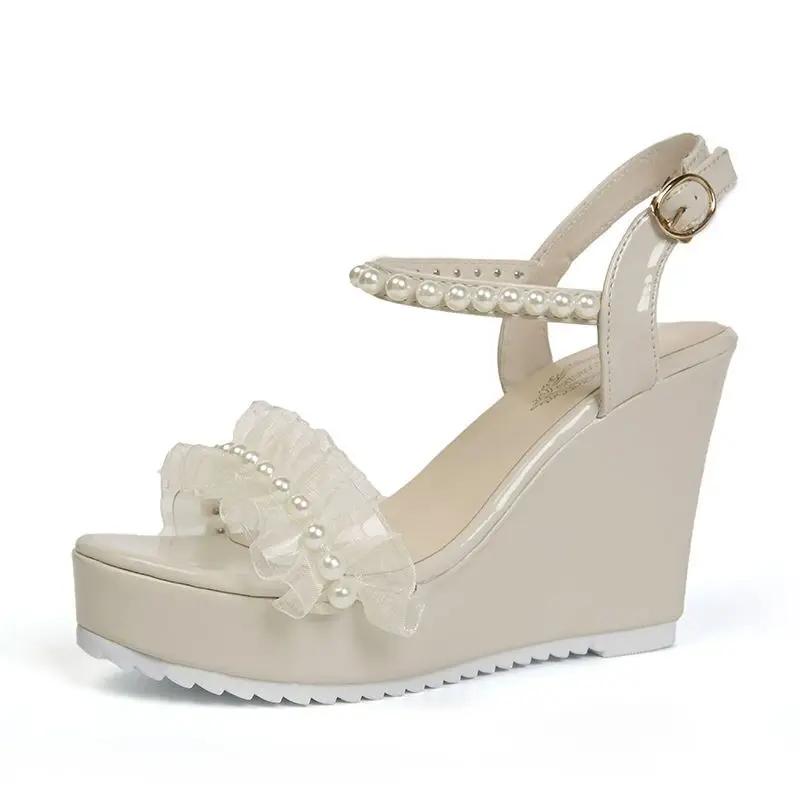 Fashion High Heels Lace Sandals for Women Ladies Shoes Wedges Heel Summer 2024 Platform Pearl Beige One Word Outdoor Wedge Waterproof F