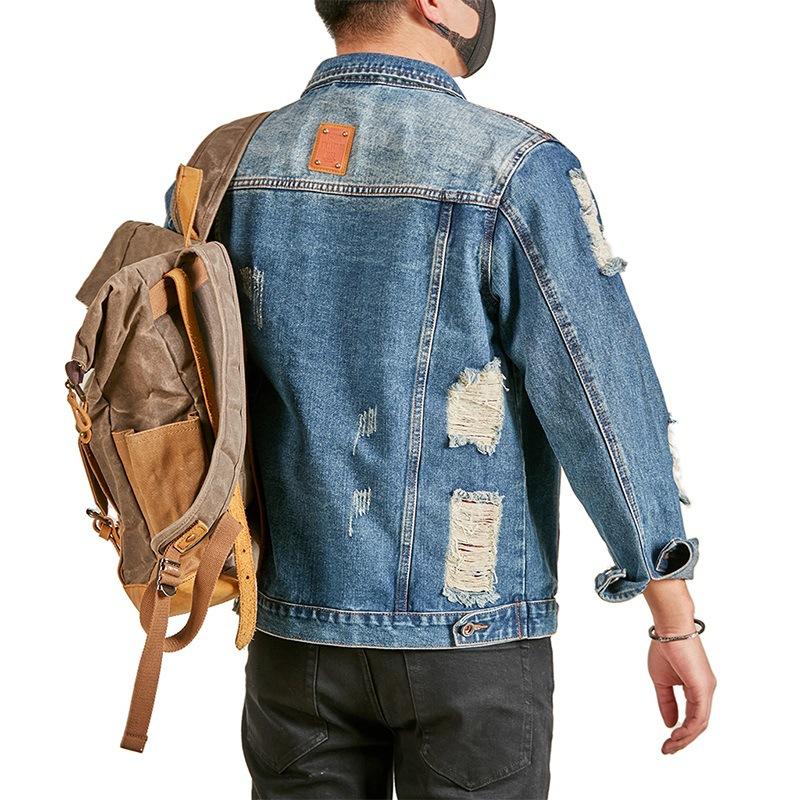 Spring and Autumn Ripped Denim Jacket Men's American High Street Work Jacket Boys Top