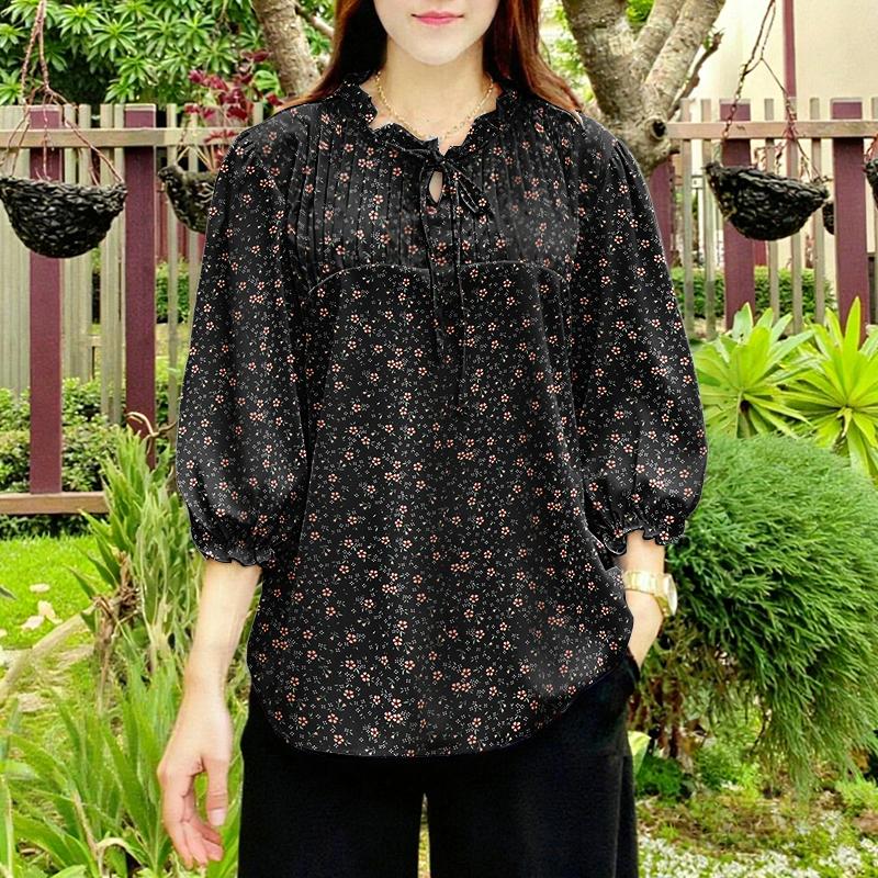 

ZANZEA Женская повседневная блузка с круглым вырезом, рукавами 3/4, свободного кроя, с цветочным принтом 4XL чёрный