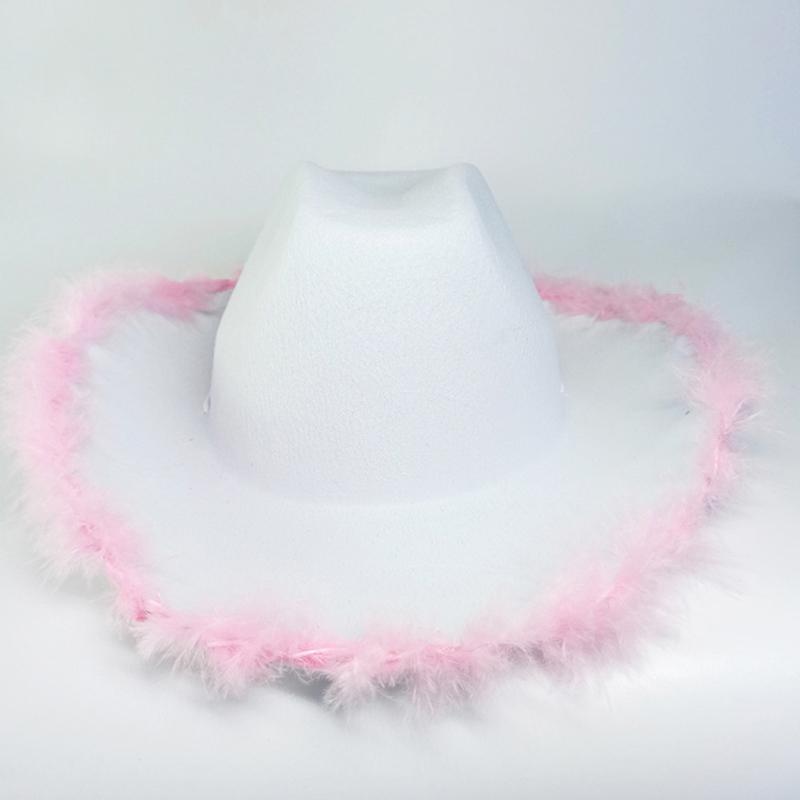 1Pc Gorgeous Fluffy Feather Brim Cowboy Hat Wide Brim Cowgirl Hat All-Match For Mardi Gras Rave Play Dress Up