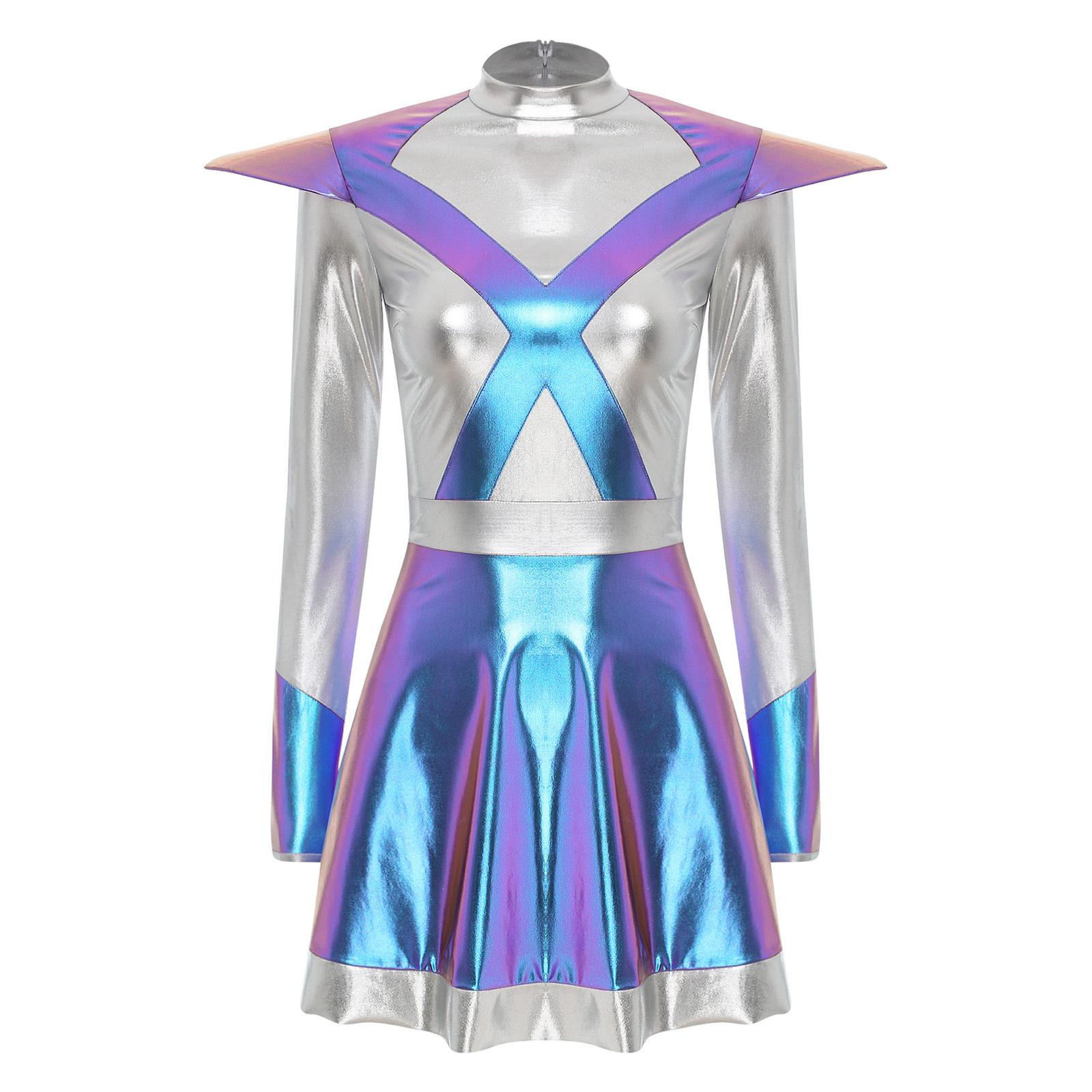 

Жіноча сукня інопланетянки-астронавтки з довгими рукавами, з клапанами, металізована, блискуча, А-силуету, костюм космічної воїтельки, вбрання на Хелловін M синій