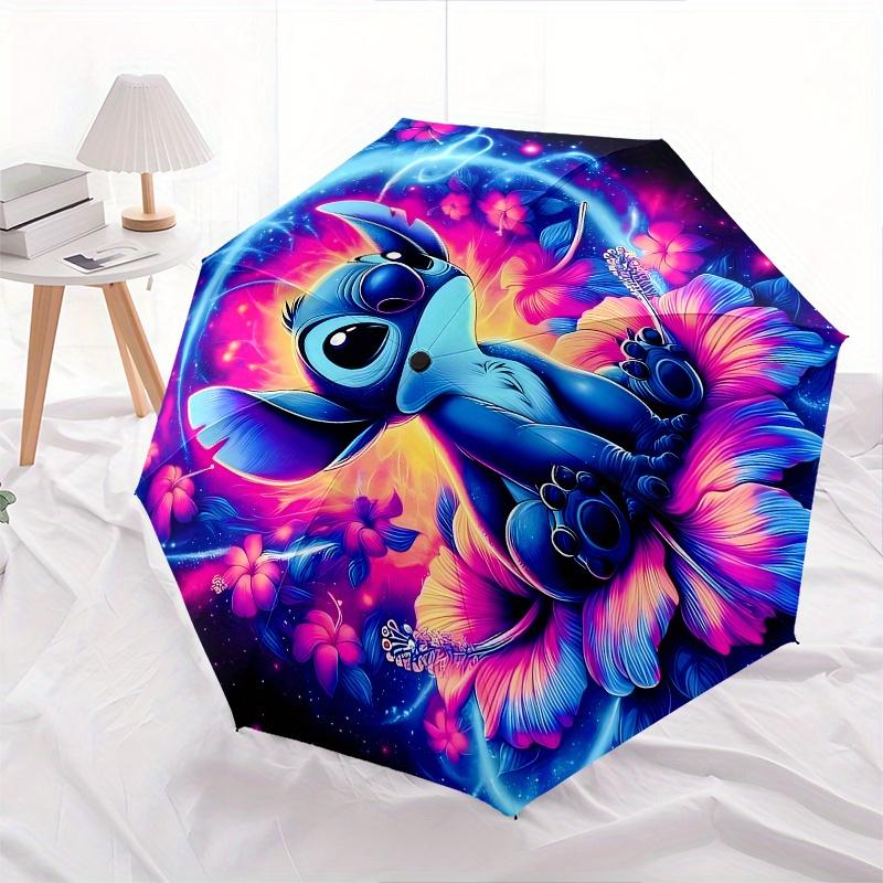 Stitch, Floral Themed Automatic opening and closing folding umbrella, 8-rib windproof, compact travel design, suitable for all occasion | Fa