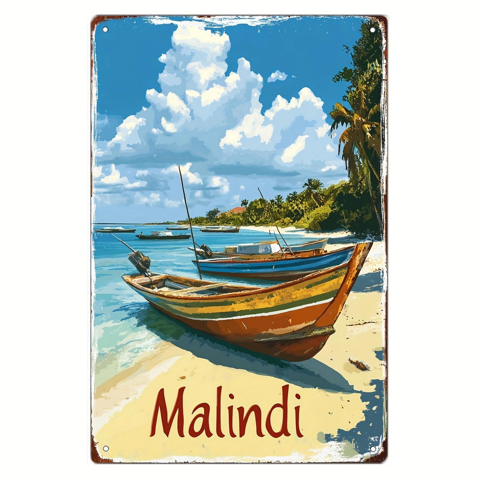 

Malindi Beach Scene Metal Poster Retro Iron Wall Art Vintage Coastal Decor for Living Room Bedroom Bar Bathroom Gift 20x30cm（7.8x11.8inch）