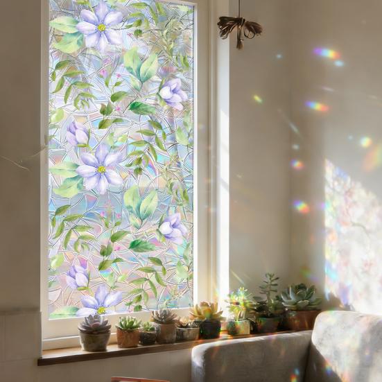 4 Sheets Rainbow Floral Window Privacy Film Stained Glass Decorative Decals Sun Blocking Heat Control Static Glass Clings for Bedroom Living Room