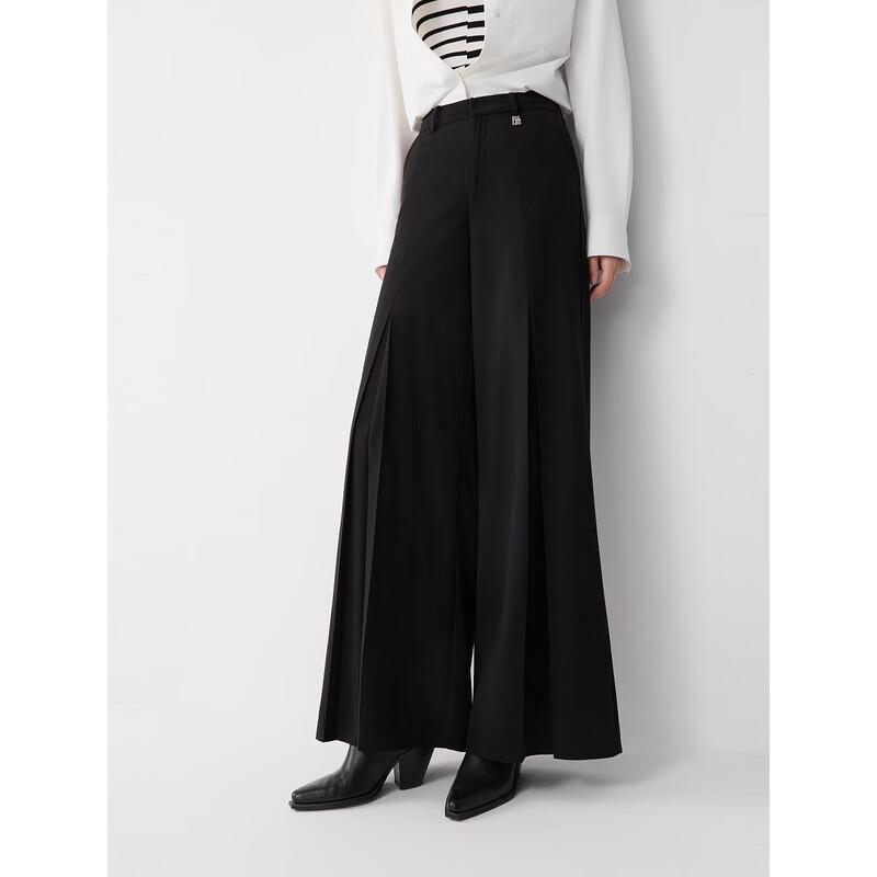 ELLE Women's Black Wool Blend Wide-Leg Casual Pants