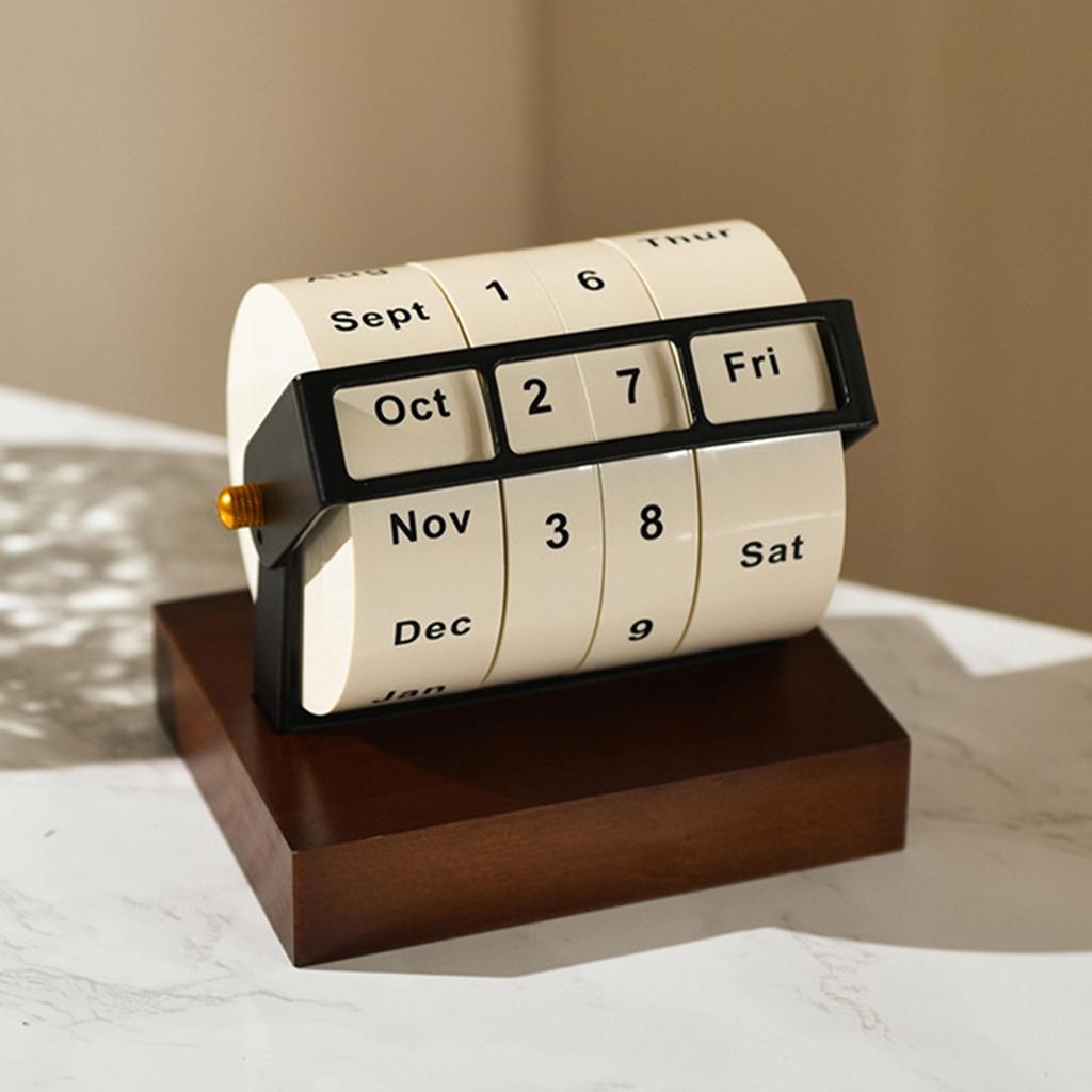Rotary Calendar Desk Calendar Wood Wheeling Calendar Month Week Day Date Display for Home and Office