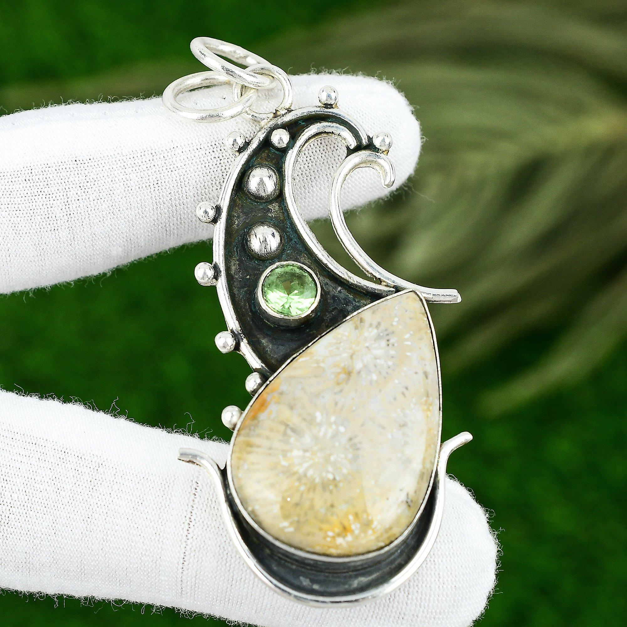 

925 Silver Natural Fossil Coral Apatite Art Deco Bezel Birthday Pendant Jewelry