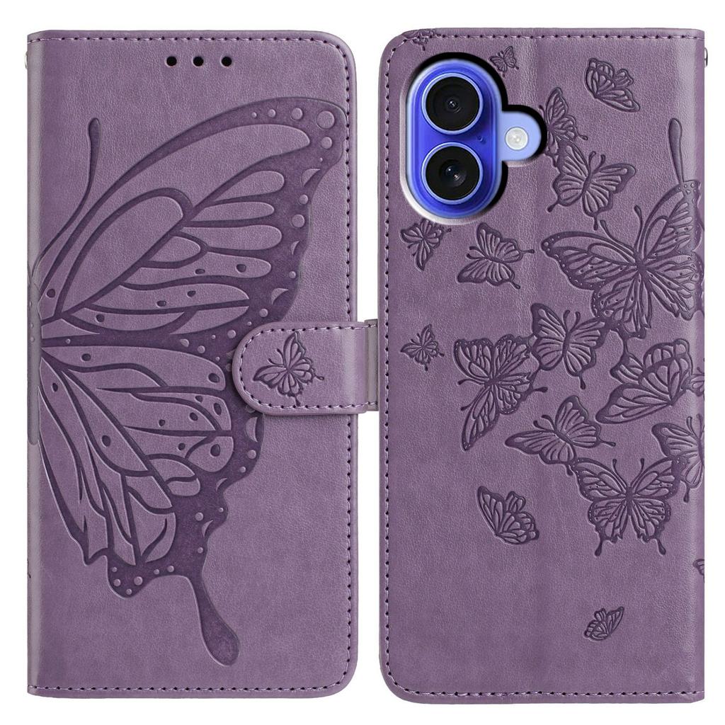 For iPhone 16 Plus Case Butterfly Imprinted Wallet Stand PU Leather Flip Phone Cover with Strap