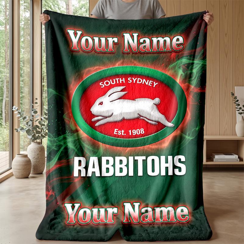 South Sydney Rabbitohs Custom Flannel Throw Blanket Print Your Name Text Soft Warm Blanket Holiday Present