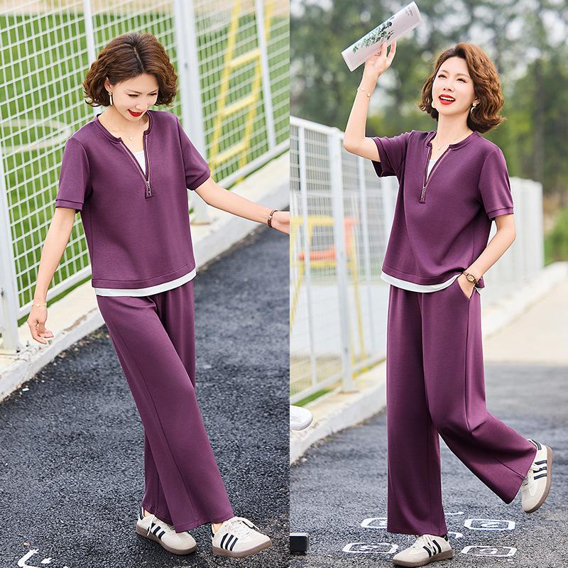 

Mom s Fashionable Summer Sportswear: Age-Reducing Faux Two-Piece Top & Straight-Leg Pants Set for Middle-Aged and Elderly 4XL for 130-145 jin фіолетовий