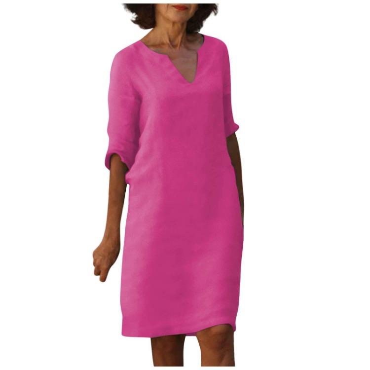 Retro High Waist V-Neck Cotton Linen Dress European American Style Solid Color Washed Wrinkled Fabric Three Quarter Sleeves