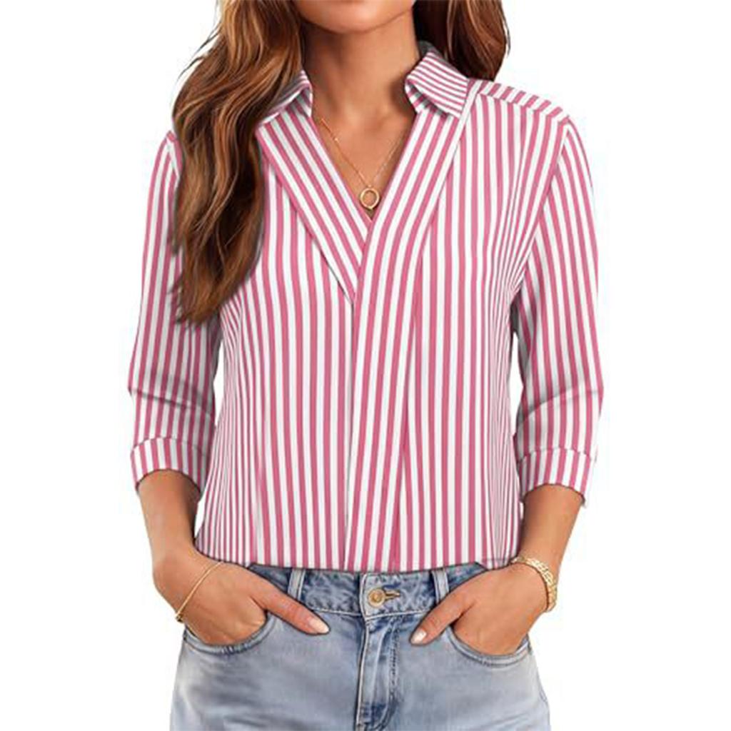Damen V-Ausschnitt Gestreifte Bluse 3/4 Ärmel Business Casual Oberteil für die Arbeit