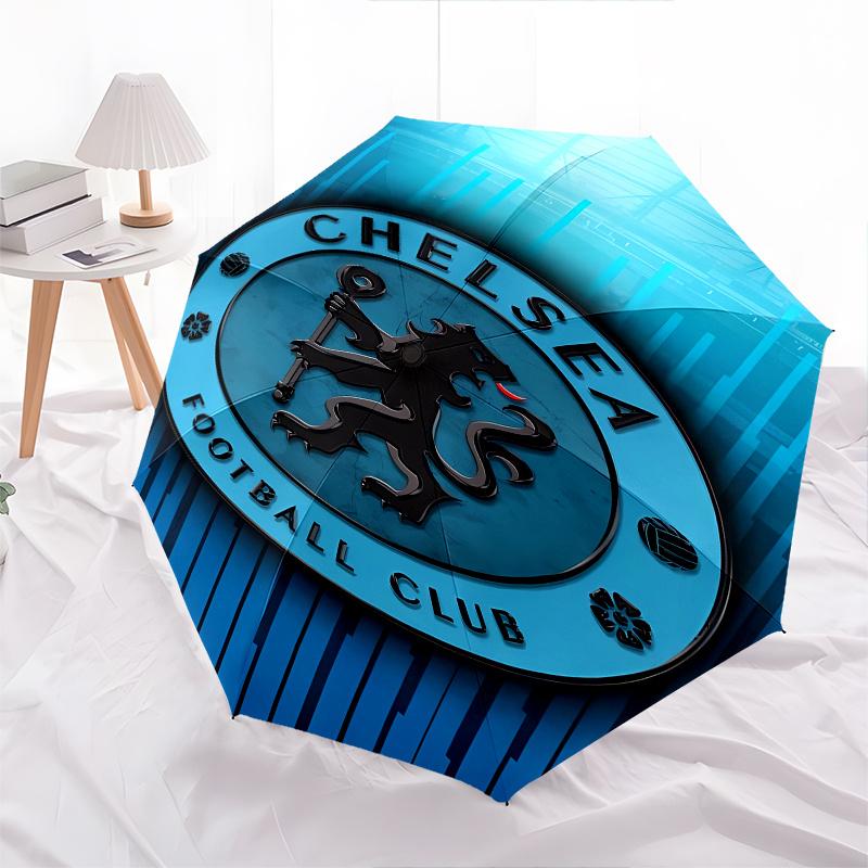 Chelsea Football Club Crest Automatic Folding Umbrella 8 Ribs, Durable Iron Frame, Bright Color Pattern Compact Travel Umbrella, Suitable f