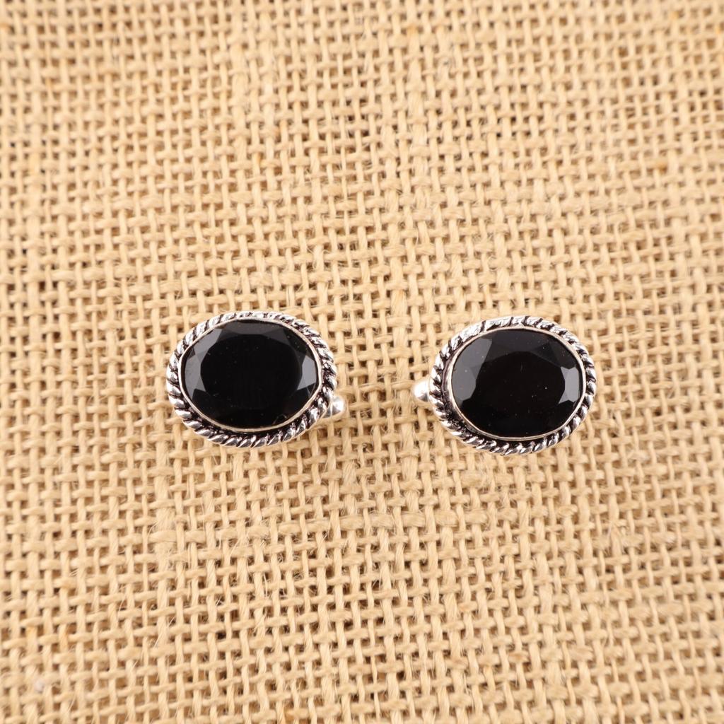 Natürlicher Schwarzer Onyx Edelstein 925 Sterling Silber Handgefertigter Schmuck Manschettenknöpfe 0.6" CL-1-18