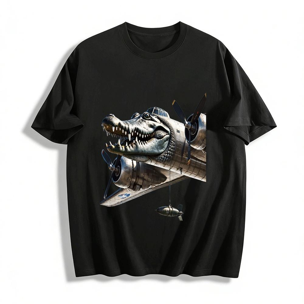 Mechanical Crocodile Bomber Creative Print Vintage Military Style Tee Pure cotton T-shirt XXS