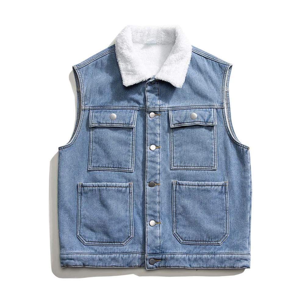 Winter Fleece Denim Vest Men Youthful Vitality Turn Down Collar Solid Color Casual Waistcoat Mens Cotton Warm Sleeveless Jackets