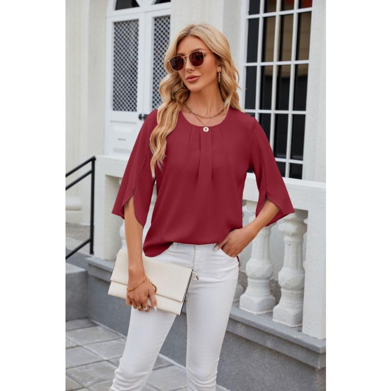 

Solid-colored Round-neck Five-sleeve Loose Chiffon Women’s Blouses & Shirts XXL бордовий