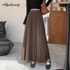 Elegant Fashion Autumn Winter Women Midi Skirt Elastic Waist Grey Black Purple Brown Navy Woolen Skirt Feminine Pleated Wool Warm Skirt