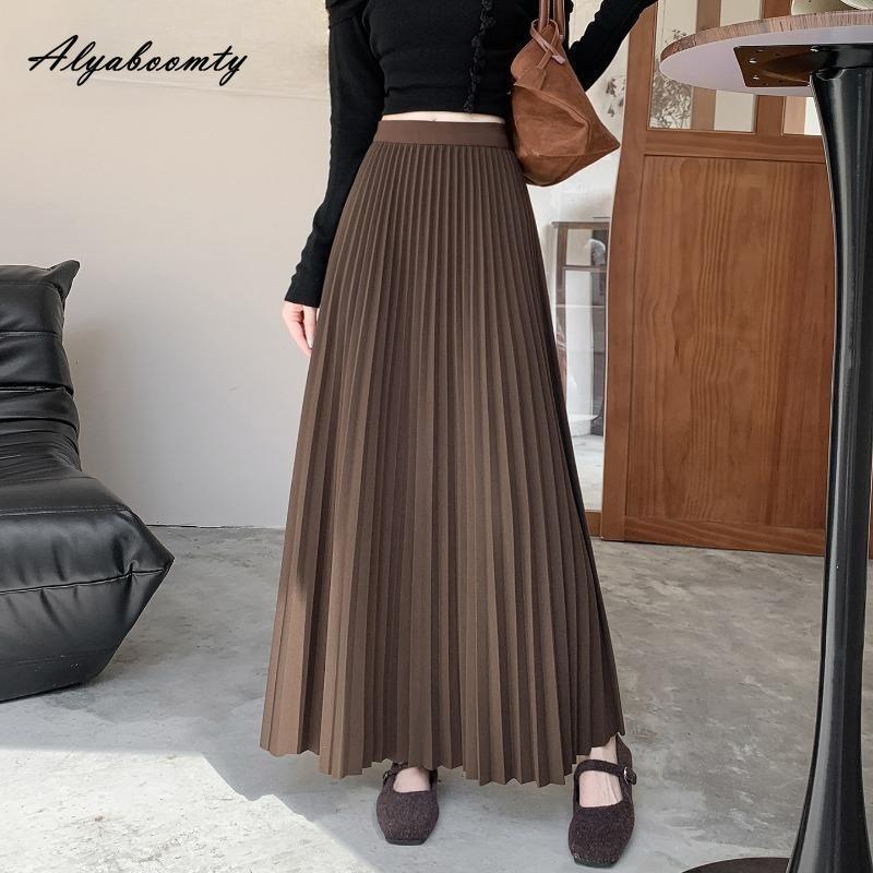 Elegant Fashion Autumn Winter Women Midi Skirt Elastic Waist Grey Black Purple Brown Navy Woolen Skirt Feminine Pleated Wool Warm Skirt