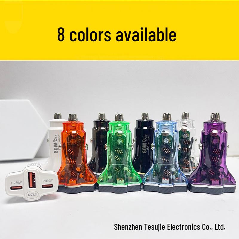 Apple-Compatible Super Fast 60W Car Charger with Three Ports (Dual USB-C)
