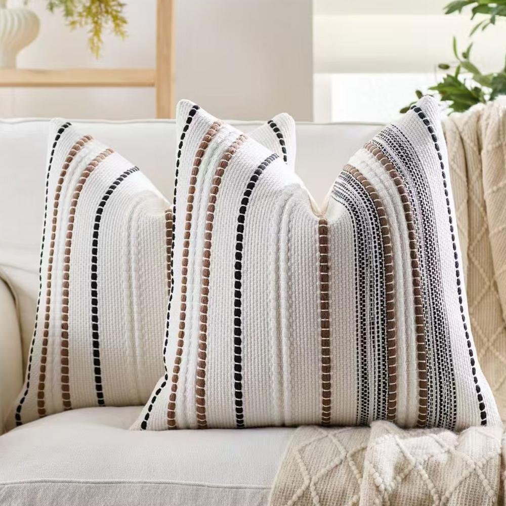 Boho Throw Pillow Covers Farmhouse Striped Square Cushion Cover Chenille Tufted Pillowcases for Home Living Room Couch Decor