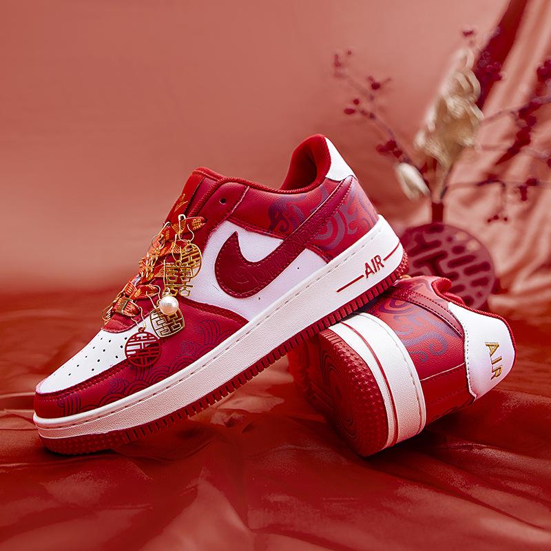 AJ1 Wedding Shoes: Bridal and Groom Flat-Soled Sneakers - Red, Dual-Function for Wedding Dress or Casual Wear.