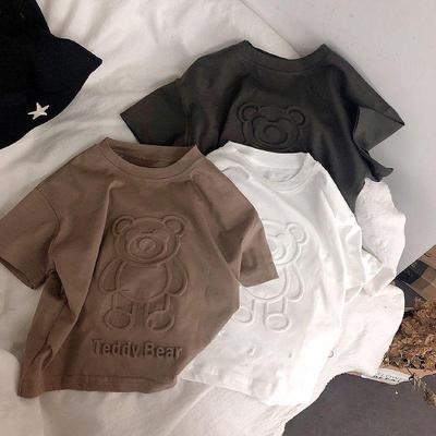 Boys' 3D Bear Embossed Cotton T-Shirt - Soft, Short-Sleeved Top for Kids